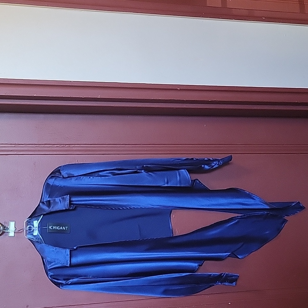 CHIGANT Satiny Navy Blue Long Sleeve Blouse Size